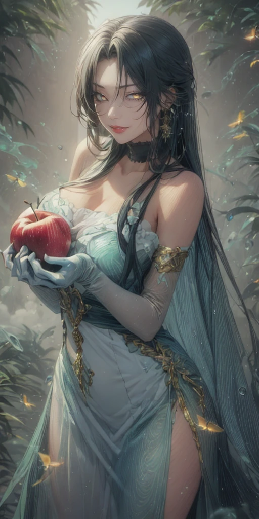 black hair, long hair, parted bangs, golden eyes, curvy, anatomically correct, best quality, masterpiece, high quality, high details, highres, HD, fruit, food, 1girl, apple, holding_apple, holding_fruit, solo, dress, breasts, holding, looking_at_viewer, white_dress, bare_shoulders, cleavage, choker, elbow_gloves, bokeh, large_breasts,, water drop, reflective, (fog:1.3), fireflies, hollow eyes, golden eyes, lips, smirk, upper teeth, cheek,