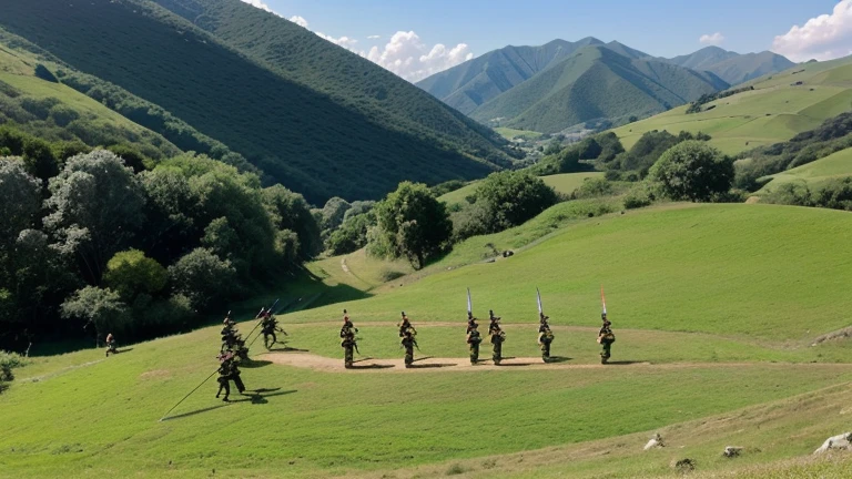 There is a scene of war. This war is between the hills. There are many hills. There are lush green trees on the hills. In the middle of the hills, many ancient soldiers are fighting with each other with swords and bows and arrows.