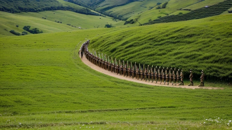 There is a scene of war. This war is between the hills. There are many hills. There are lush green trees on the hills. In the middle of the hills, many ancient soldiers are fighting with each other with swords and bows and arrows.