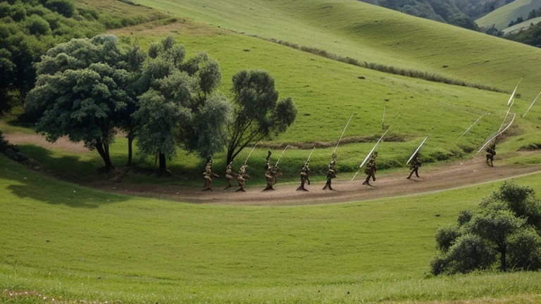 There is a scene of war. This war is between the hills. There are many hills. There are lush green trees on the hills. In the middle of the hills, many ancient soldiers are fighting with each other with swords and bows and arrows.