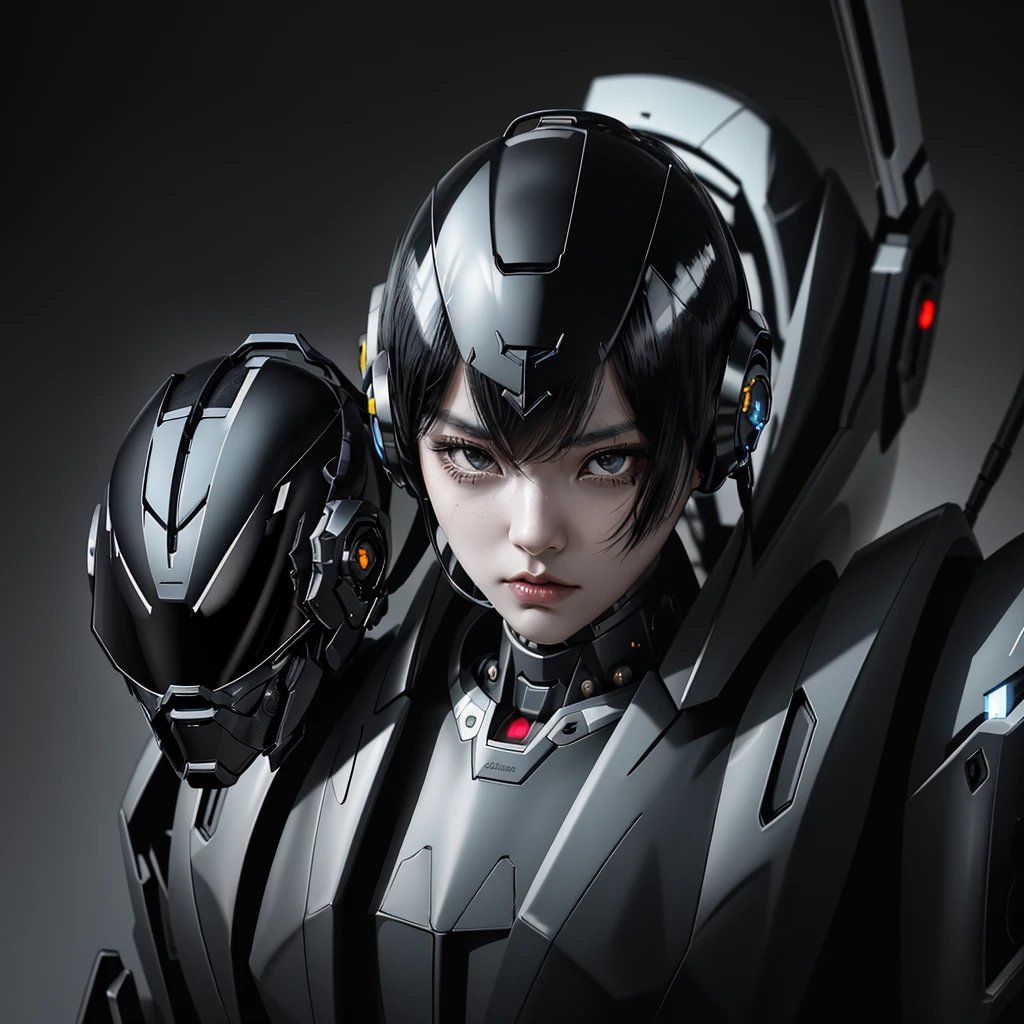 a girl with a full black cyborg body, featuring sleek and high-tech components. She has short black hair, black eyes, and an angry expression. She is wearing a mecha helmet that partially obscures her face, with her polished mechanical limbs and torso emphasizing her intense emotions, (((black mecha helmet))), ((black cyborg body)), ((black mecha headphone)),