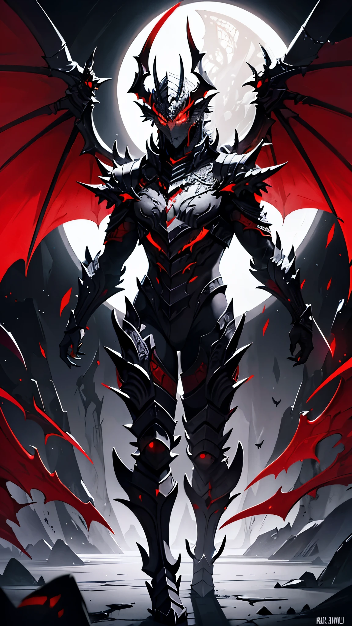 Theme: abyssal silver hell dragon,a powerful majestic red and white dragon with 2 pair of wings, realistic, masterpiece, detailed, fantastical, imaginative, powerful, strong, black background, intricate scales, glowing eyes, sharp claws, mythical creature, Indonesia inspired, dramatic lighting, photorealistic
