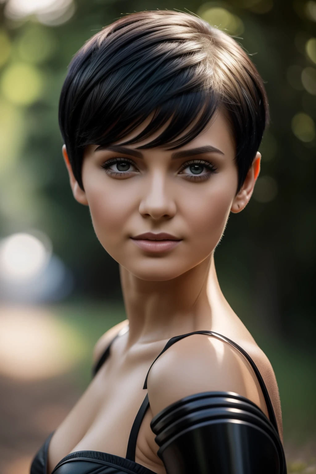 Best quality, 8k, Masterpiece: 1.3, ultra-realistic humanoid android, female android close-up, body made of black shining steel, body of an ultra-modern robot, posing for a photo, fairy shaped short black hair, head like anastasia ovchinnikova, black short hair , short black hair pixie cut, with short hair, head like Olga Buzova, short black hair, alina ivanchenko, short dark haircut, pixie haircut, pixie haircut, julia gorokhova, short dark hair, Masterpiece, (short black hair), outdoors, best quality, very high resolution, raw photo, bright sunlight,