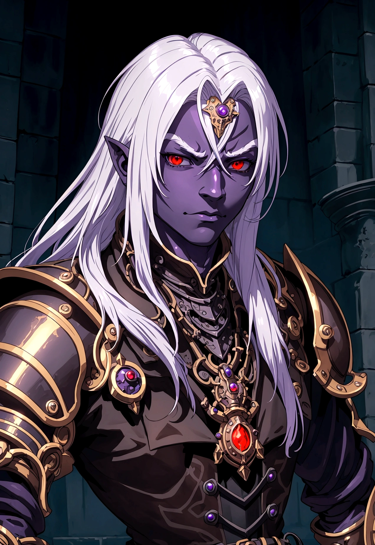 ((best quality)), ((masterpiece)), (detailed), ((boy)), (steampunk), (dungeonpunk), drow with purple skin, upper body, portrait, red eyes, long white hair, Xemnas from Kingdom Hearts, half-drow, dark skinned, (full knight armor), paladin, serious face