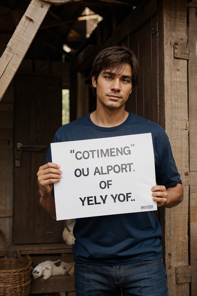 A man with apologize sign to a goat