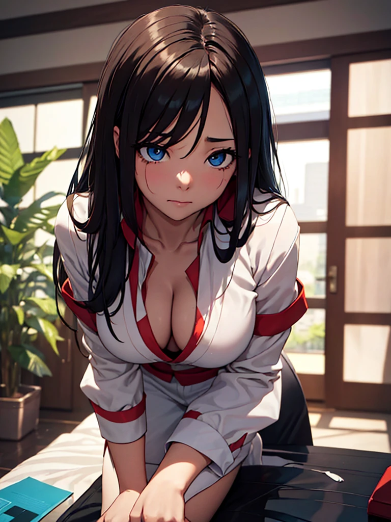 (masterpiece、top-quality、hight resolution), We capture a woman who has just been discovered to be a call girl by a man she is familiar with. Despite the awkward situation, she tries to remain calm and professional. She speaks with a mixture of resignation and determination." I'm a man, you know, and I want to have sex with a woman! ...Let's fuck my pussy!" The setting is a dimly lit room, and the focus is on her efforts to maintain her attitude as a sex worker, even though she is nervous about the fact that she is about to have sex with someone she knows. nsfw, A woman with a resigned smile, her eyes reflecting a sense of defeat.