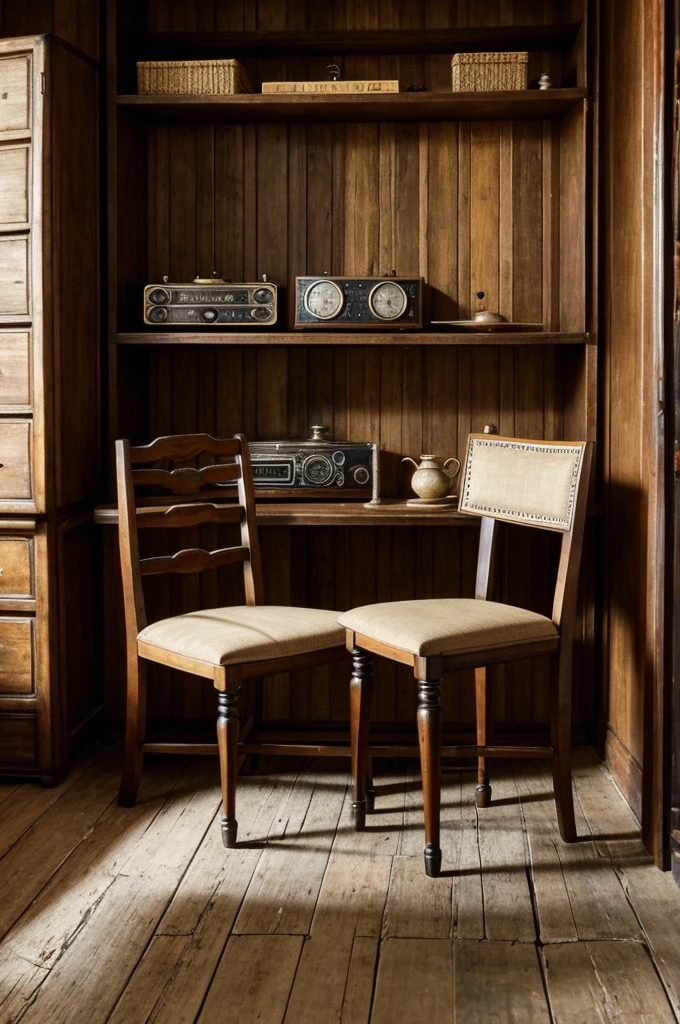 mostrar un comedor antiguo con dos sillas y un sillon antiguo con un radio antiguo en un brazo del sillon y en el medio del comedor y el sillon un reloj antiguo