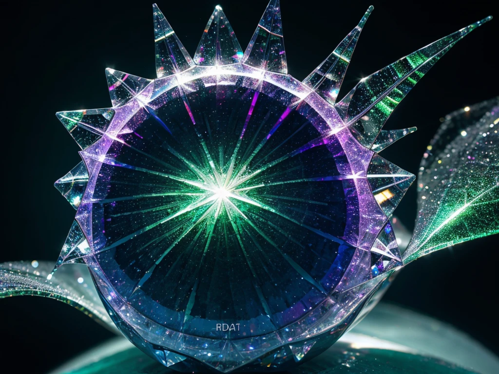 A glistening fluoride crystal, shimmering with iridescent hues of green and purple, perfectly captured in a high-definition photograph. The crystal's smooth surface reflects light in a dazzling display, showcasing its intricate facets and vibrant colors. The image portrays a sense of scientific elegance and natural beauty, with an artistic quality that elevates the subject matter to a stunning visual spectacle.