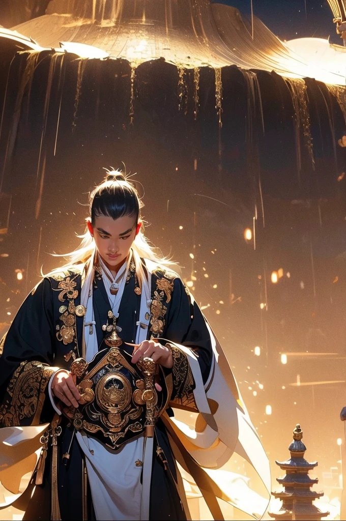 a man in a white robe, young and handsome man, ponytail, waist-length hair, ancient Chinese clothing, qi, a huge saber, ancient Chinese buildings in the background, night, powerful character, purple rays, a beautiful landscape. Detailed face, thick eyebrows, black eyes, 8k, robe embroidered with gold edges, detailed clothing, xianxia, ​​world of cultivation. ((upper body))