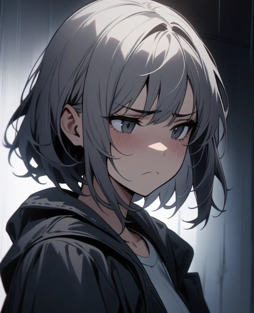 masterpiece, best quality, very aesthetic, absurd, up to date,1 Girl, (Melancholy,Haggard,gloomy,Homegirl,Shadowed side,frown),
Dark grey hair, Multi-colored hair,short hair, #5: Parted Bangs,Cat ear,orange eyes,Long hoodie