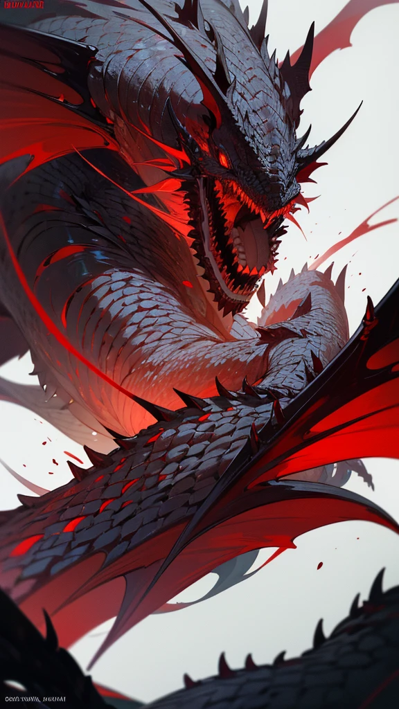 Theme: abyssal silver bloody hell dragon,a powerful majestic red and white dragon with 2 pair of wings, realistic, masterpiece, detailed, fantastical, imaginative, powerful, strong, black background, intricate scales, glowing eyes, sharp claws, mythical creature, Indonesia inspired, dramatic lighting, photorealistic