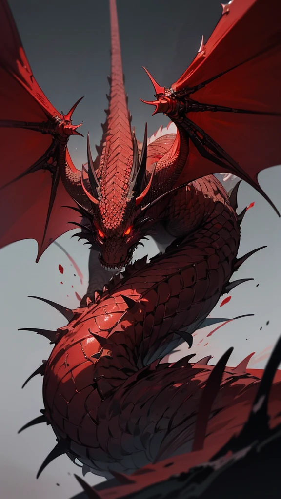 Theme: abyssal silver bloody hell dragon,a powerful majestic red and white dragon with 2 pair of wings, realistic, masterpiece, detailed, fantastical, imaginative, powerful, strong, black background, intricate scales, glowing eyes, sharp claws, mythical creature, Indonesia inspired, dramatic lighting, photorealistic