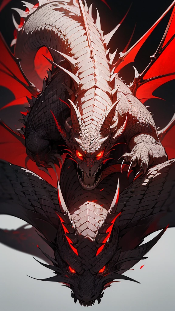 Theme: abyssal silver bloody hell dragon,a powerful majestic red and white dragon with 2 pair of wings, realistic, masterpiece, detailed, fantastical, imaginative, powerful, strong, black background, intricate scales, glowing eyes, sharp claws, mythical creature, Indonesia inspired, dramatic lighting, photorealistic