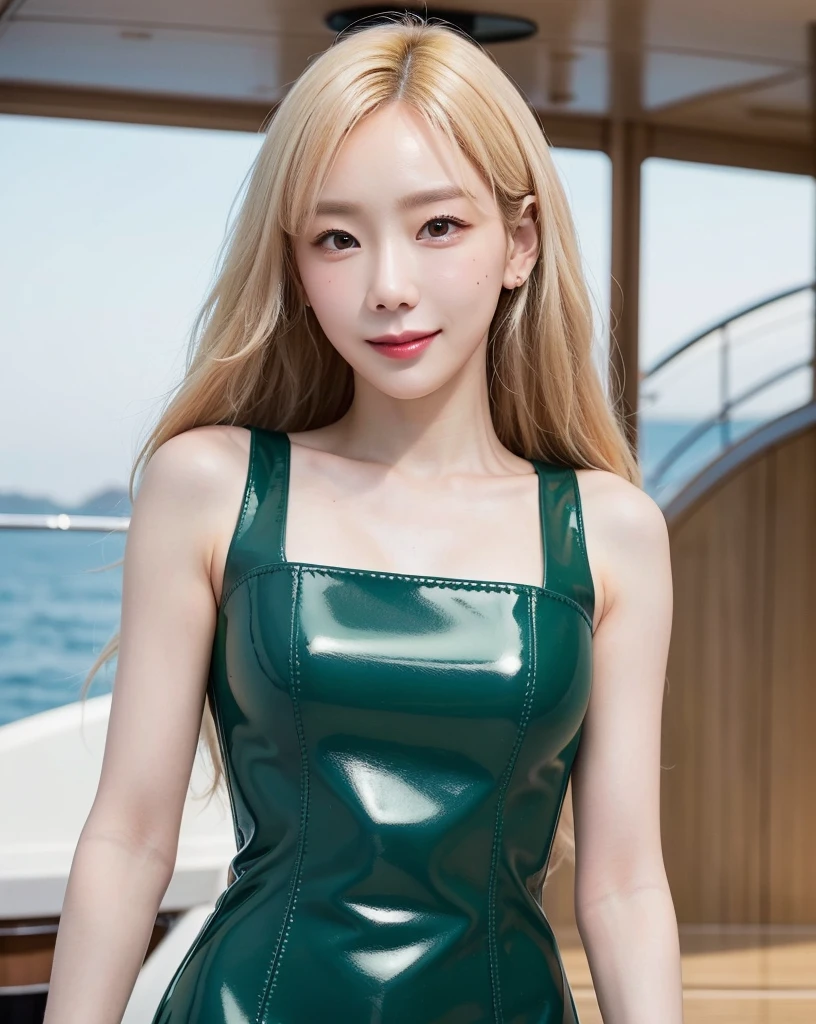 kimtaeyeon,woman,smile,happy,perfect photography,Nikon RAW photo,8 k,Fujifilm XT3,(long hair),(ash blonde),(close-up photo:1.2),(upperbody:0.5),(look at viewer:1.2), octane render, 35mm, bokeh, 9:16, (intricate details:1.12), hdr, (intricate details, hyperdetailed:1.15), realistic, (natural skin texture, hyperrealism, soft light, sharp:1.2), masterpiece, best quality, realistic, photorealistic,ultra detailed,perfect lighting,slim,portrait photo,beautiful blue sky, (green latex dress:1.2) with golden accessories, (ootd), (yacht deck:1.2),(golden hour), sleeveless,