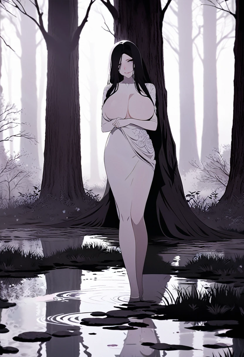 A stunningly beautiful girl with long, flowing raven-black hair, draped across her shoulders and framing her delicate, porcelain-like face. Her large, captivating eyes are a deep shade of amethyst, sparkling with a hint of mischief and innocence. Her smooth, flawless skin is a warm ivory tone, contrasting beautifully against the wet, white dress she's wearing. The dress clings to her curvy figure, revealing her slender waist and voluptuous hips, while its long, flowing skirt swirls around her ankles, barely concealing her tiny feet. The fabric of the dress is soaked through, clinging to her body and emphasizing her every curve, revealing her feminine curves and smooth skin beneath. She stands in a shallow puddle of water, her feet bare and pale against the dark surface, as if she's just emerged from a secret, hidden spring deep in the woods. Her hands are folded demurely in front of her, and she looks directly at the viewer with a coy yet confident smile, her lips painted a soft shade of pink. The surrounding forest is dense and lush, with tall trees forming a canopy overhead, casting dappled shadows across the wet ground. The air is heavy with the scent of wet leaves and flowers, and a soft breeze rustles through the branches, causing ripples in the water around her. The image radiates an aura of beauty, innocence, and mystery, drawing the viewer into a world where fantasy and reality seem to seamlessly blend together.