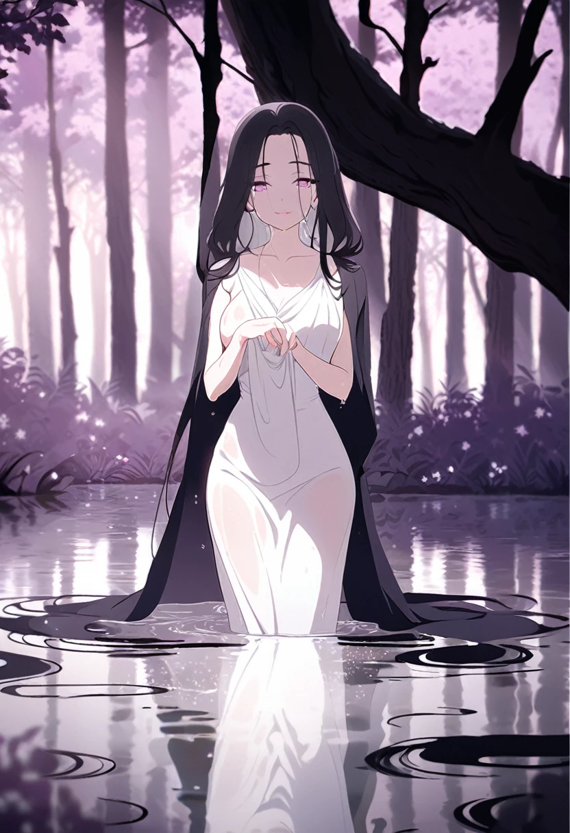 A stunningly beautiful girl with long, flowing raven-black hair, draped across her shoulders and framing her delicate, porcelain-like face. Her large, captivating eyes are a deep shade of amethyst, sparkling with a hint of mischief and innocence. Her smooth, flawless skin is a warm ivory tone, contrasting beautifully against the wet, white dress she's wearing. The dress clings to her curvy figure, revealing her slender waist and voluptuous hips, while its long, flowing skirt swirls around her ankles, barely concealing her tiny feet. The fabric of the dress is soaked through, clinging to her body and emphasizing her every curve, revealing her feminine curves and smooth skin beneath. She stands in a shallow puddle of water, her feet bare and pale against the dark surface, as if she's just emerged from a secret, hidden spring deep in the woods. Her hands are folded demurely in front of her, and she looks directly at the viewer with a coy yet confident smile, her lips painted a soft shade of pink. The surrounding forest is dense and lush, with tall trees forming a canopy overhead, casting dappled shadows across the wet ground. The air is heavy with the scent of wet leaves and flowers, and a soft breeze rustles through the branches, causing ripples in the water around her. The image radiates an aura of beauty, innocence, and mystery, drawing the viewer into a world where fantasy and reality seem to seamlessly blend together.