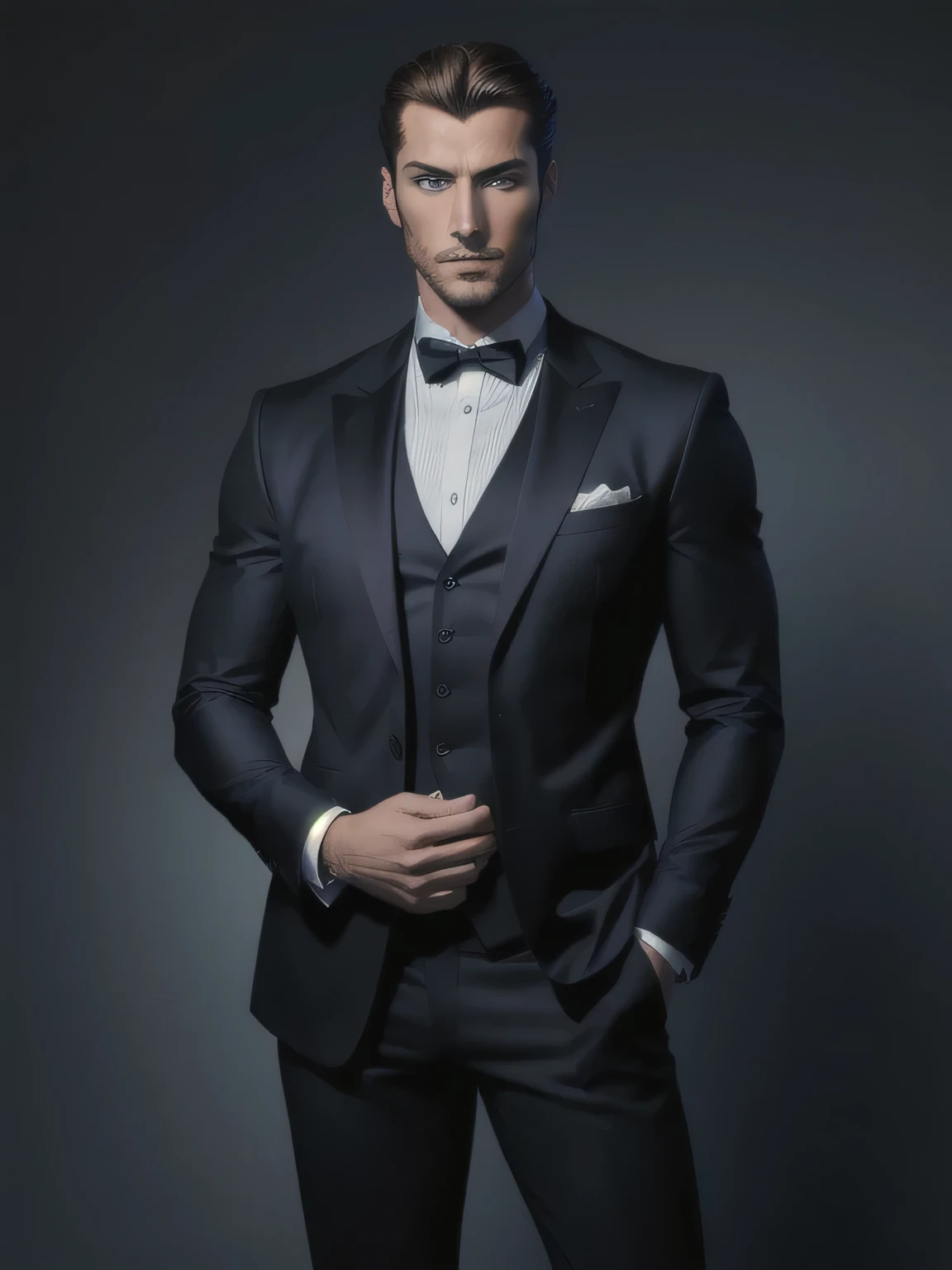standing man, handsome man, he is wearing a black suit, (blue eyes), strong, masculine and handsome, handsome man, handsome and attractive, extremely handsome, inspired by Burak Çelik, Raphael Personnaz, handsome and elegant, promotional photo, inspired by Nicholas Marsicano, very handsome, giorgio