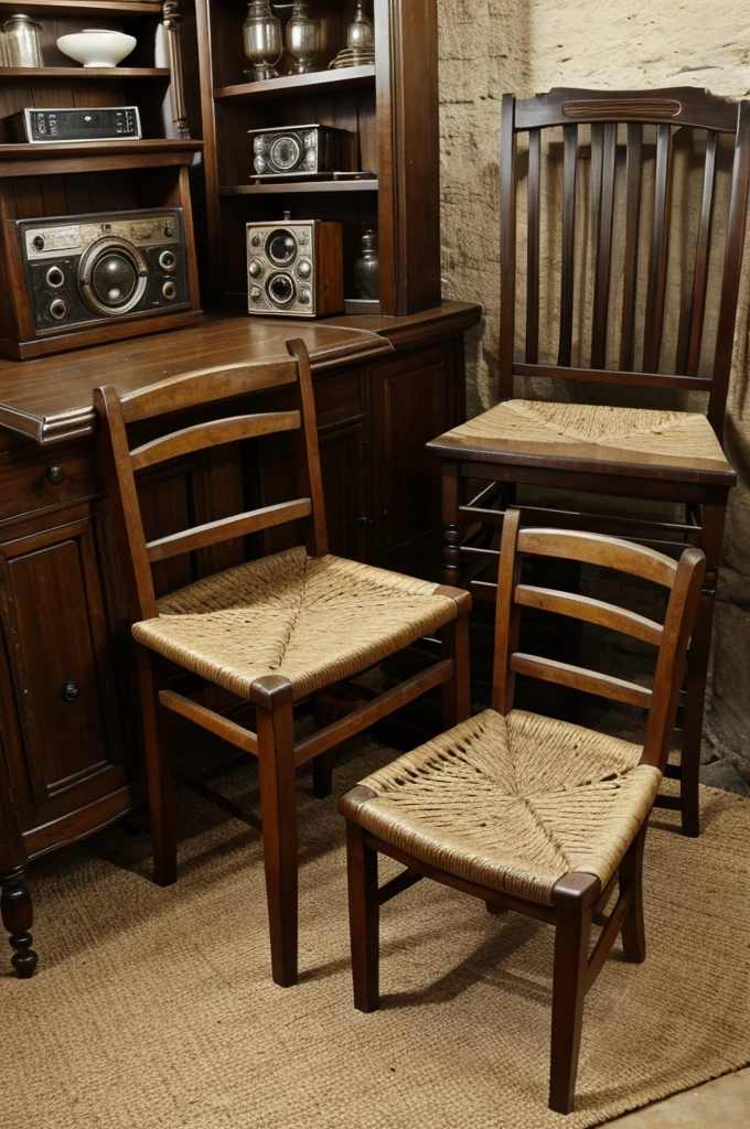 mostrar un comedor antiguo con dos sillas y un sillon antiguo con un radio antiguo en un brazo del sillon y en el medio del comedor y el sillon un reloj antiguo