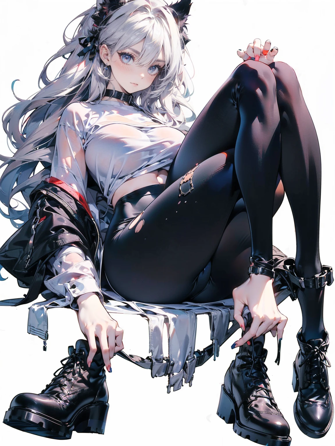(((unique look:1.5, The eyes of famous artists, Unique Fashion)))、Pink Hair (White Hair Girl), (Thick, dark blue eyebrows:1.4), (Dark blue eyebrows:1.7), (Thick eyebrows:1.3), (Huge black fluffy animal ears:1.1), (Black animal ears:1.1), break, (((Mesh Stitching Crop T-Shirt, Cutout Long Sleeve Top))),break, (Big Breasts:1.2, Thick legs, Adult female body, Sturdy body:1.5), ((Relax in the great outdoors:1.5)), (sharp eyes, Ultra-high definition CG, Precisely designed costumes, 4k, 8k, Ultra-high definition CG, Precisely designed costumes, Clear lines, Expressive and Captivating Eyes, Fine Details and Realistic Textures, cinematic lighting), ((white background)), break, (Wearing black leggings with holes), Skinny sleeves, (Torn and holey leggings:1.2)(Black leggings:1.4), (Punkish Boots:1.2), (Thick sole:1.5), (Big shoes:1.3), ((unique look:1.5, The eyes of famous artists))
