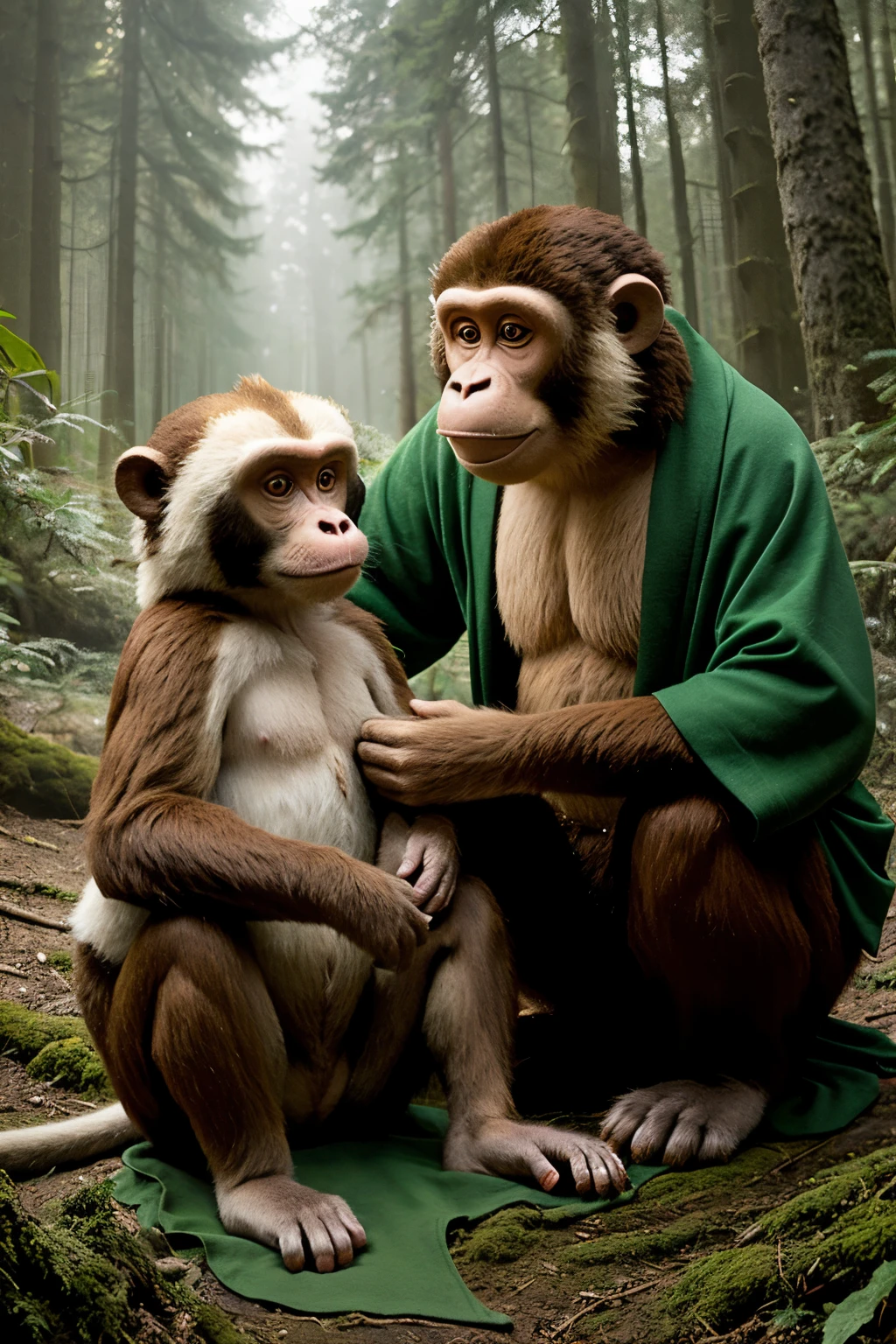 ((best quality)), ((masterpiece)), (detailed), 4 foot tall anthropomorphic monkey wearing tattered green robes petting a giant badger in a forest