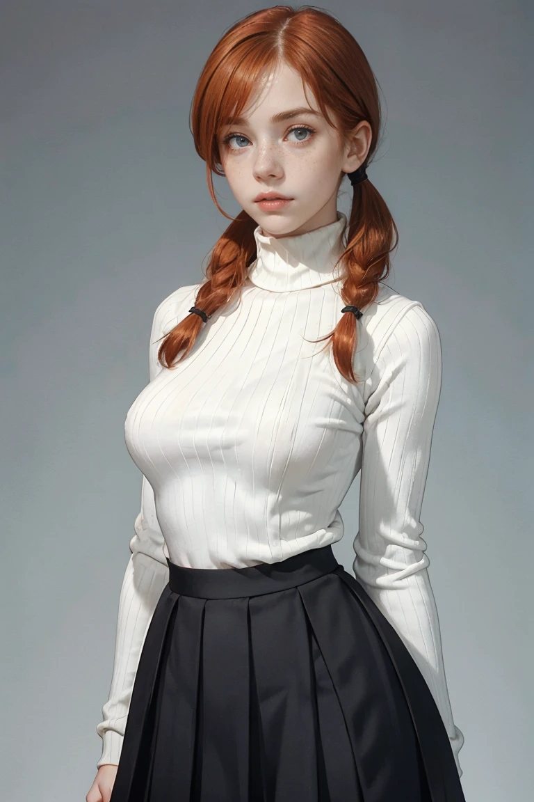 1girl, ginger, freckled face, face freckles, rosy, contemptuous look, 1 girl, solo, pigtails haircut,pale skin, (((huge bust))), stand sexy pose, beautiful, ((pleated skirt)), ((black turtleneck)), cold palette, simple background
