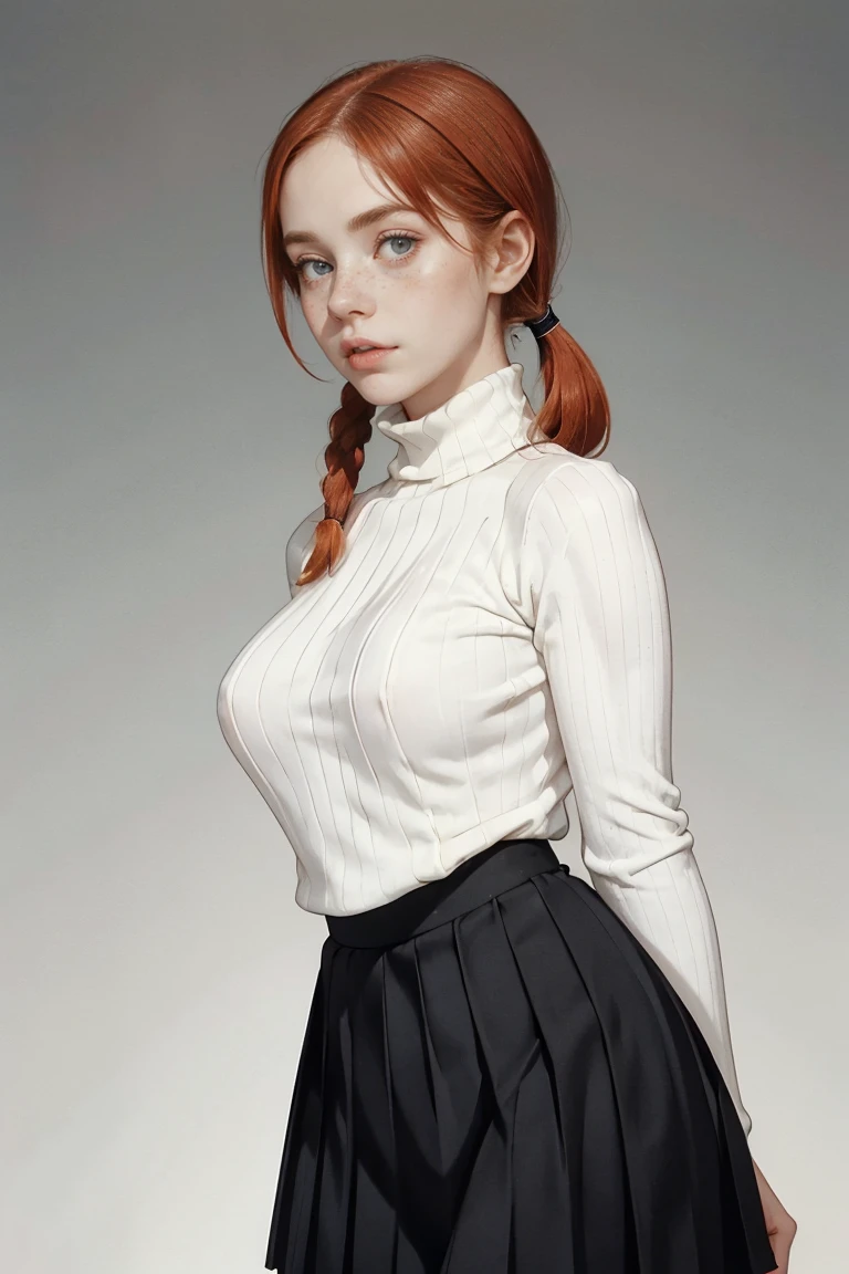 1girl, ginger, freckled face, face freckles, rosy, contemptuous look, 1 girl, solo, pigtails haircut,pale skin, (((huge bust))), stand sexy pose, beautiful, ((pleated skirt)), ((black turtleneck)), cold palette, simple background