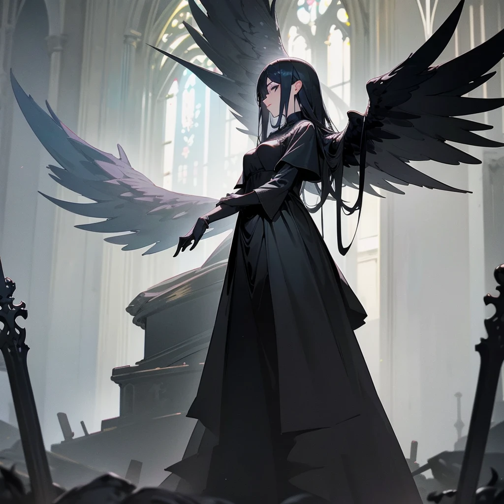Black statue of Young woman with wings in big black dress, coal statue, made of coal, black wing, in big gothic church, evil, spooky, magic, epic