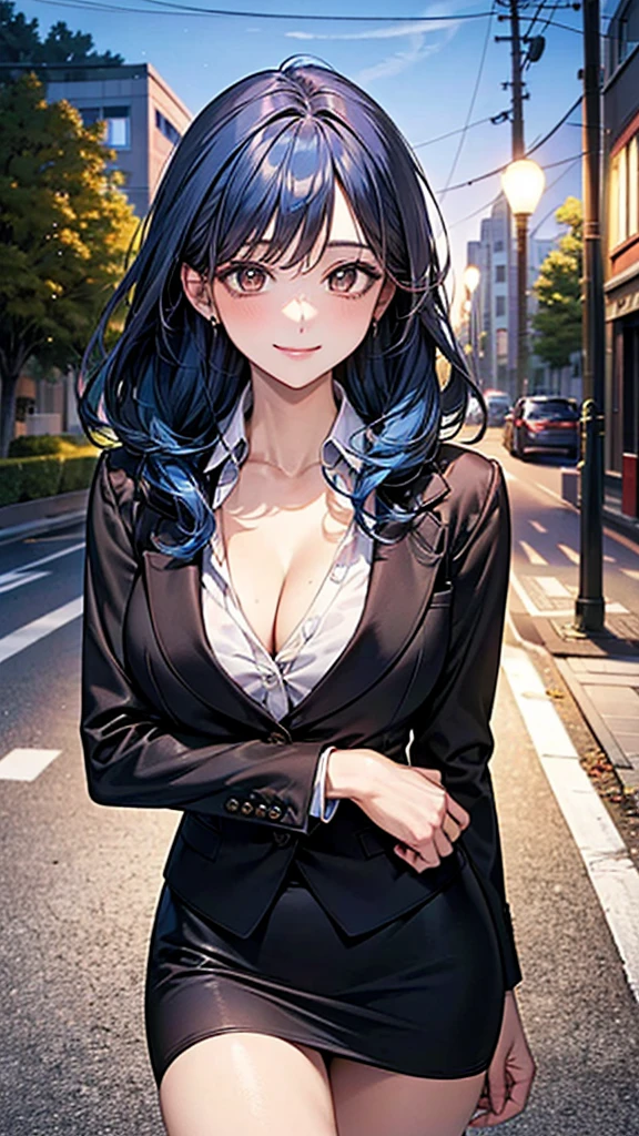 ((Highest quality)), ((High resolution)), ((masterpiece)), ((detailed)), One mature woman, Beautiful Face, Beautiful Hair, Blue Hair, Chestnut brown eyes, Beautiful clavicle, Beautiful body, (Beautiful thighs:0.8), Beautiful legs, Beautiful Hands, Cleavage, (business suit, Collared shirt, mini skirt), evening, Street lamp, street tree, Beautiful views,