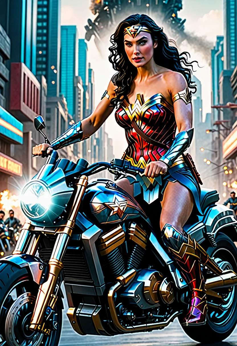 wonder woman riding a motorcycle in a futuristic city, ultra-detailed cinematic best quality 8k