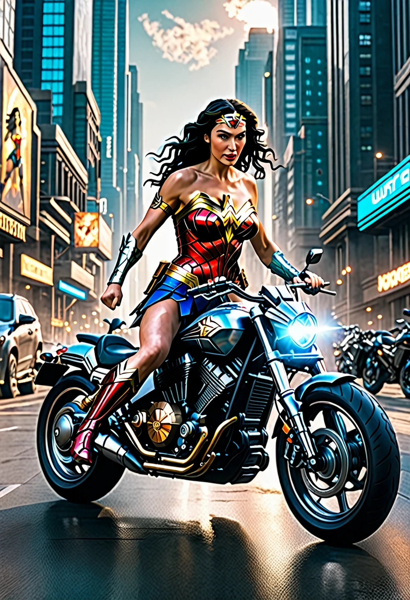 wonder woman riding a motorcycle in a futuristic city, ultra-detailed cinematic best quality 8k