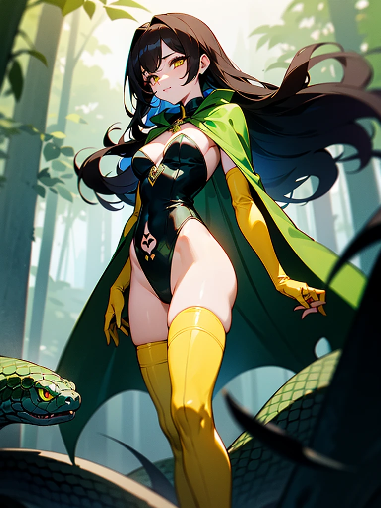 (dark hair with slight blue hue, long hair) , yellow slit eyes, in forest, tight leotard,open on abdomen from cleavage to below belly button with belly showing, massive monster tits, small green cape over her right shoulder, thigh-high boots, green gloves, snake tattoo on left leg and scales tattoo under her left eye,nice lighting