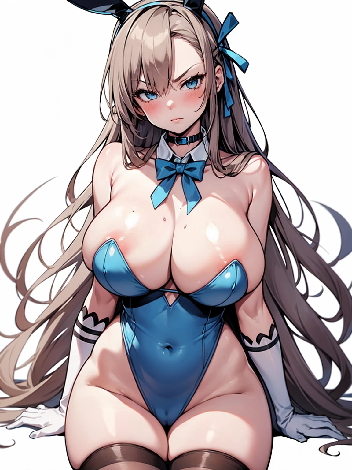 Ichinose Asuna, Angry face:1.2, bust focus, stockings, playboy bunny, (((Big Breasts, blush:1.2))), Big Hips, Best thighs ,((white background)