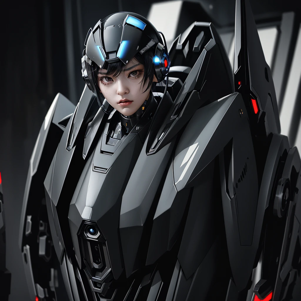 a girl with a full black cyborg body, featuring sleek and high-tech components. She has short black hair, black eyes, and an angry expression. She is wearing a mecha helmet that partially obscures her face, with her polished mechanical limbs and torso emphasizing her intense emotions, (((black mecha helmet))), ((black cyborg body)), ((black mecha headphone)),