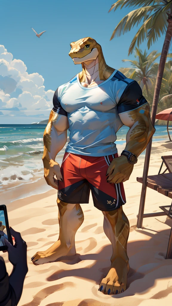 A male furry viper is white and is on the beach as they are taking a photo of it. In the photo he appears in full body and wearing a muscular shirt as well as some shorts.