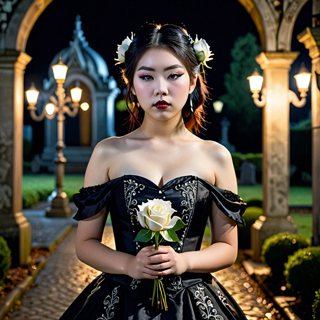 (masterpiece), (extremely intricate:1.3), (realistic), photo of a a bit chubby charming pale Japanese teen girl wearing a short black shoulderless gothic dress holding a white rose, (baroque hairstyle), plan american, spooky graveyard at night, professional photograph of a stunning teen girl detailed, sharp focus, dramatic, award winning, cinematic lighting, volumetrics dtx, (film grain, blurry background, blurry foreground, bokeh, depth of field, night, motion blur:1.3), 4k, 8k, hd, hdr