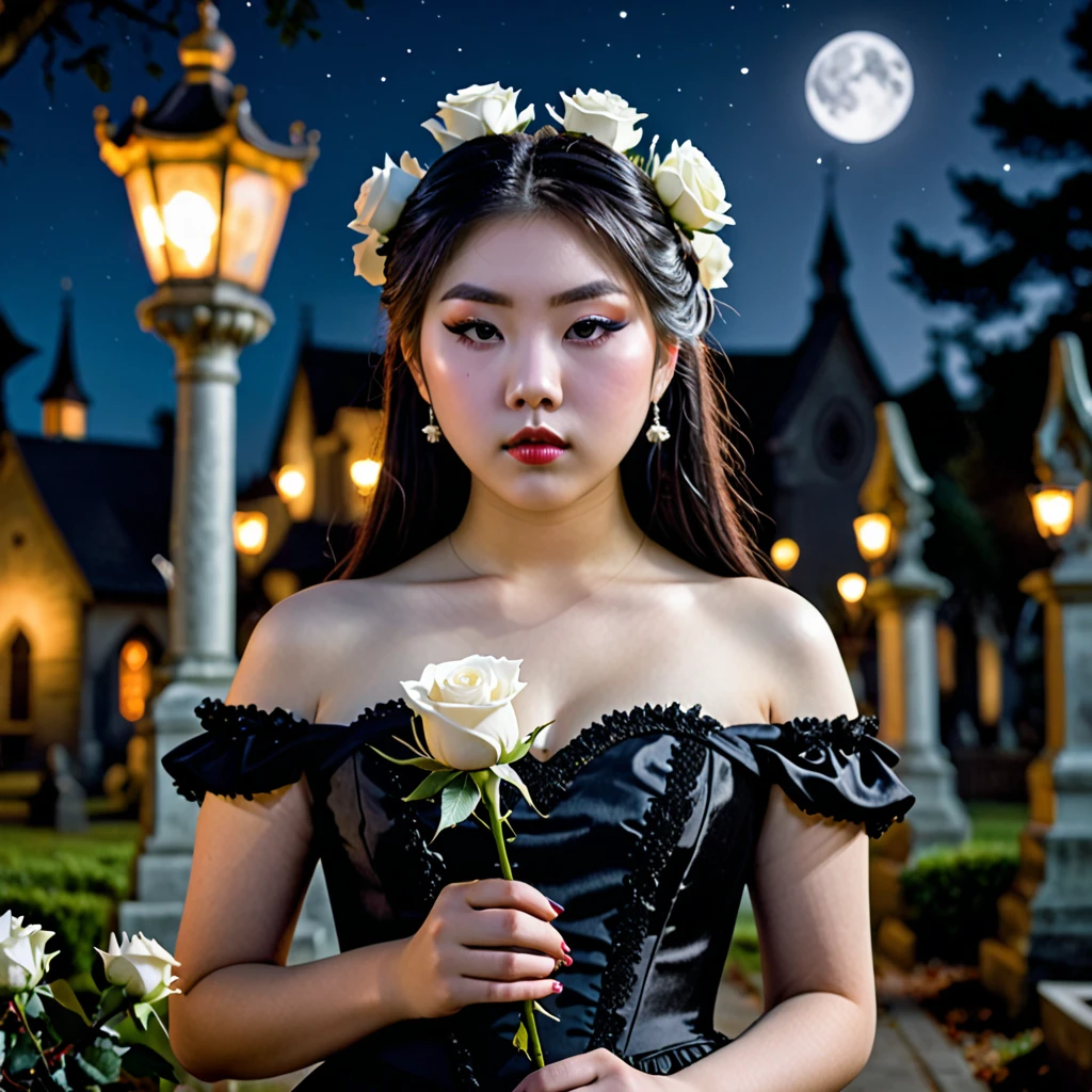 (masterpiece), (extremely intricate:1.3), (realistic), photo of a a bit chubby charming pale Japanese girl wearing a short black shoulderless gothic dress holding a white rose, (baroque hairstyle), plan american, spooky graveyard at night, professional photograph of a stunning teenl detailed, sharp focus, dramatic, award winning, cinematic lighting, volumetrics dtx, (film grain, blurry background, blurry foreground, bokeh, depth of field, night, motion blur:1.3), 4k, 8k, hd, hdr