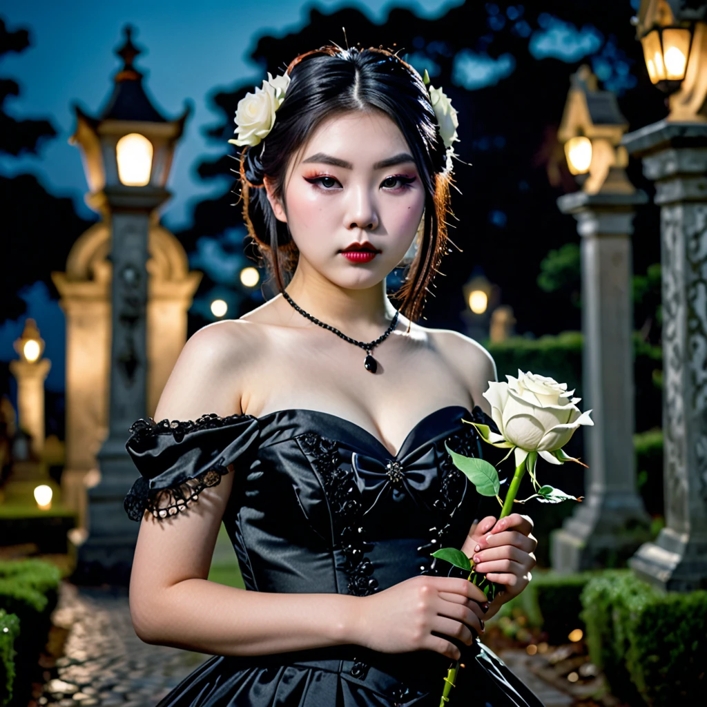 (masterpiece), (extremely intricate:1.3), (realistic), photo of a a bit chubby charming pale Japanese  girl wearing a short black shoulderless gothic dress holding a white rose, (baroque hairstyle), plan american, spooky graveyard at night, professional photograph of a stunning teenl detailed, sharp focus, dramatic, award winning, cinematic lighting, volumetrics dtx, (film grain, blurry background, blurry foreground, bokeh, depth of field, night, motion blur:1.3), 4k, 8k, hd, hdr