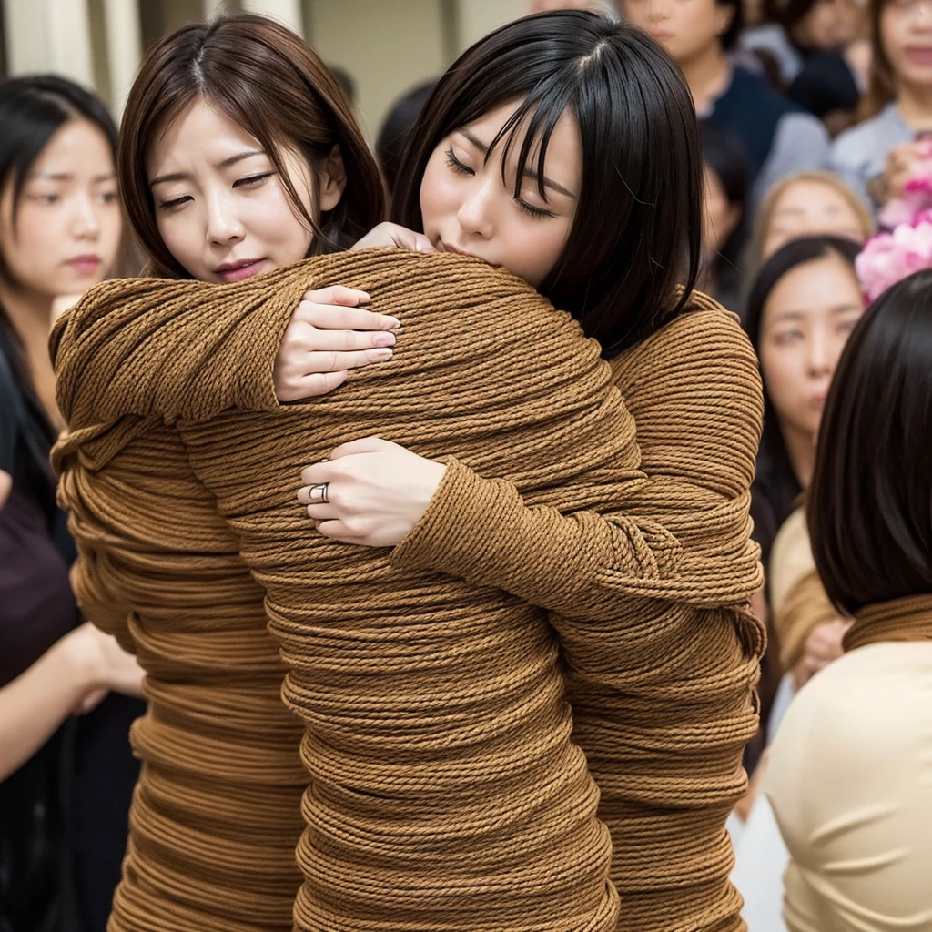 Painful expression、Highest quality,Tangled in the same rope、１Two people hugging each other、一緒に一つのcocoon化、Japanese women、hugging each other、Lots of women in tight web bondage、Super detailed,classroom,Realistic,Hanging,spiderweb,Long spider paws,beautiful girl,despair的な闘争,Intertwined,despair,cocoon、Gyūgyū、Thousands of women、Hugging、