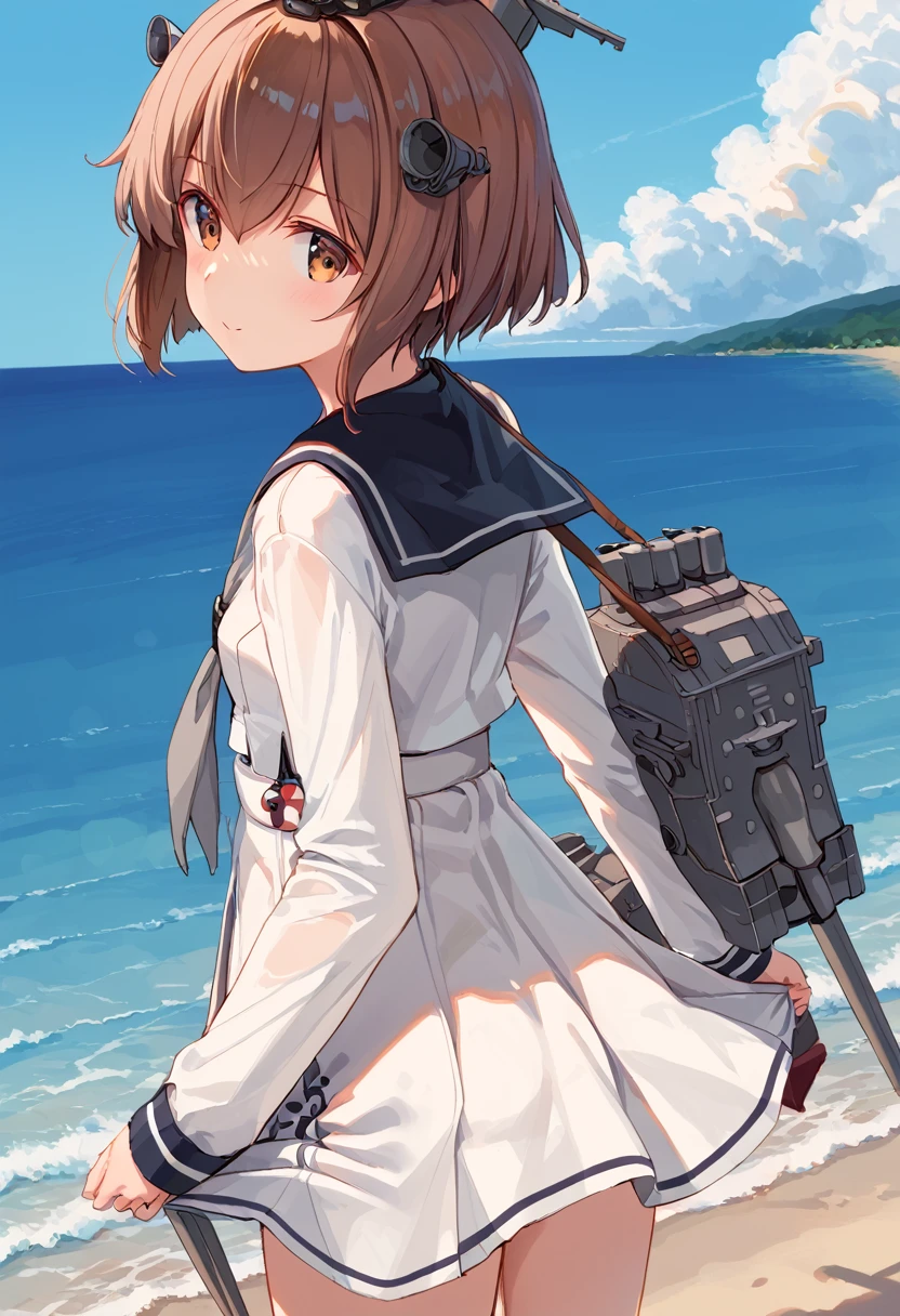 score_9,score_8_up,score_7_up,source_anime,cowboy shot,masterpiece,best quality,details background,extremely detailed,1girl,1girl,yukikaze (kancolle), brown hair, brown eyes,small breasts,short hair, sailor dress,dress,sailor collar,long sleeves,neckerchief,grey neckerchief,white dress,black sailor collar,day break,look back,sea