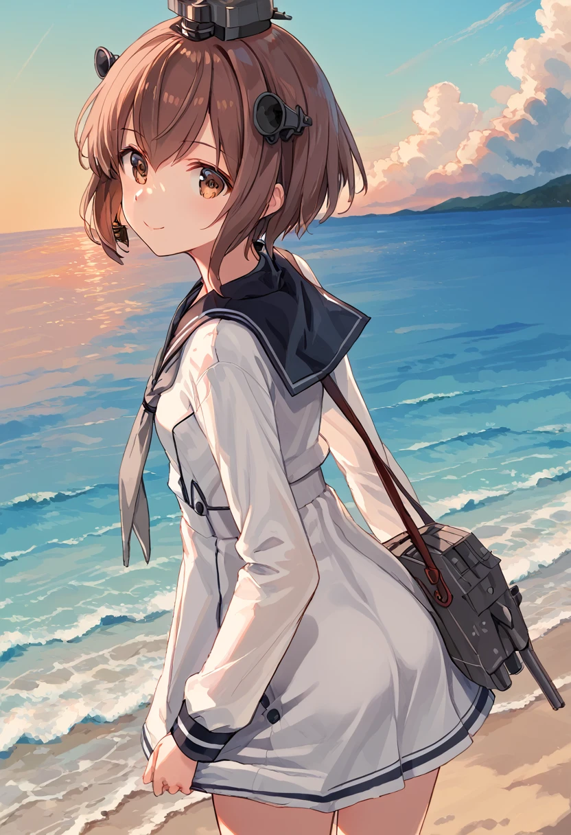 score_9,score_8_up,score_7_up,source_anime,cowboy shot,masterpiece,best quality,details background,extremely detailed,1girl,1girl,yukikaze (kancolle), brown hair, brown eyes,small breasts,short hair, sailor dress,dress,sailor collar,long sleeves,neckerchief,grey neckerchief,white dress,black sailor collar,day break,look back,sea