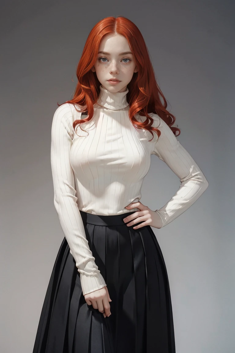1girl, ginger, freckled face, face freckles, rosy, contemptuous look, 1 girl, solo, voluminous curly long red hair,pale skin, (((huge bust))), stand sexy pose, beautiful, ((pleated skirt)), ((black turtleneck)), cold palette, simple background
