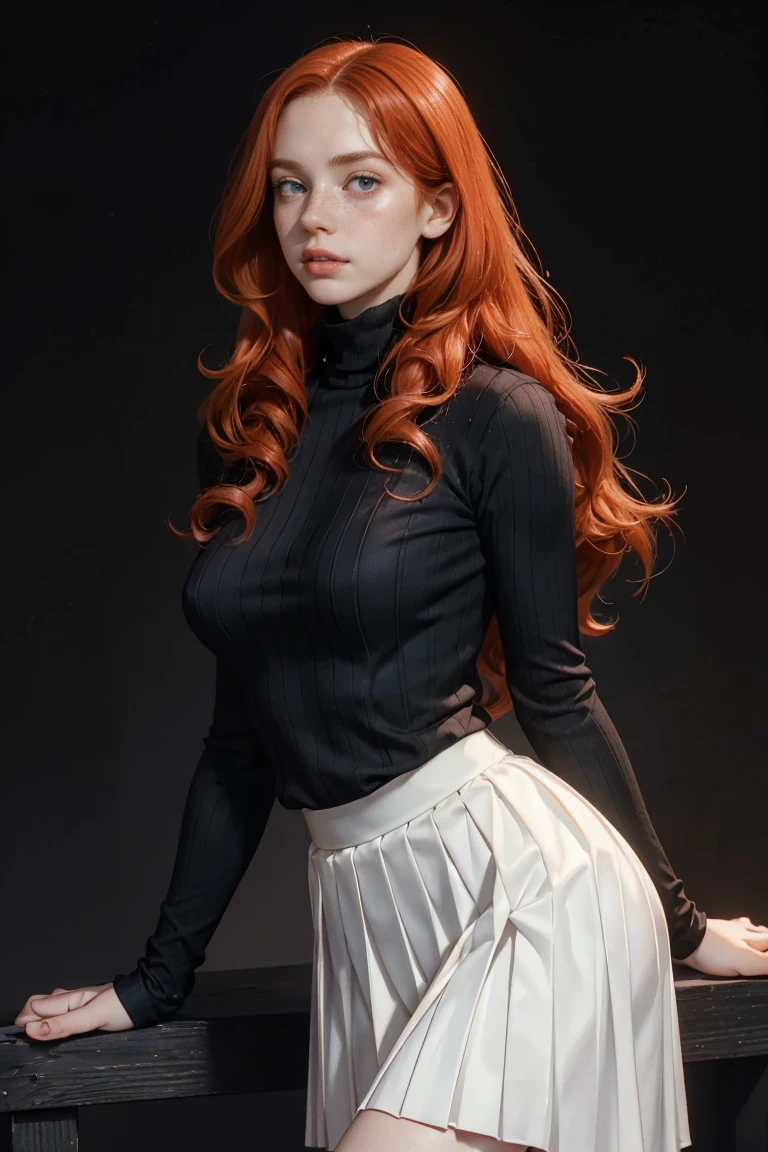 1girl, ginger, freckled face, face freckles, rosy, contemptuous look, 1 girl, solo, voluminous curly long red hair,pale skin, (((huge bust))), stand sexy pose, beautiful, ((pleated skirt)), ((black turtleneck)), cold palette, simple background
