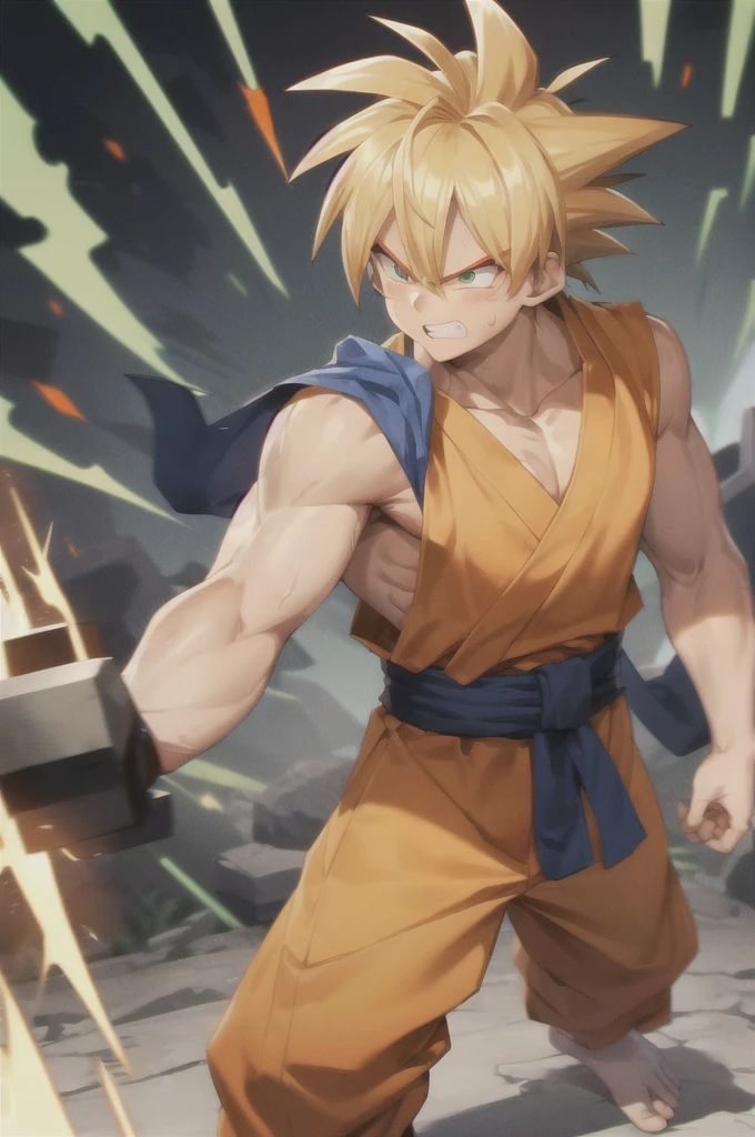 son goku, One boy, anger, Battle Damage, Blonde, blue sash, clenched teeth, rage, Green Eyes, Men&#39;s Center, Muscular, Muscular male, Pectoral muscle, sash, alone, Spiked Hair, Super Saiyan, Super Saiyan 1, teeth, Topless man, Torn clothes, Wristband, ((masterpiece)) 