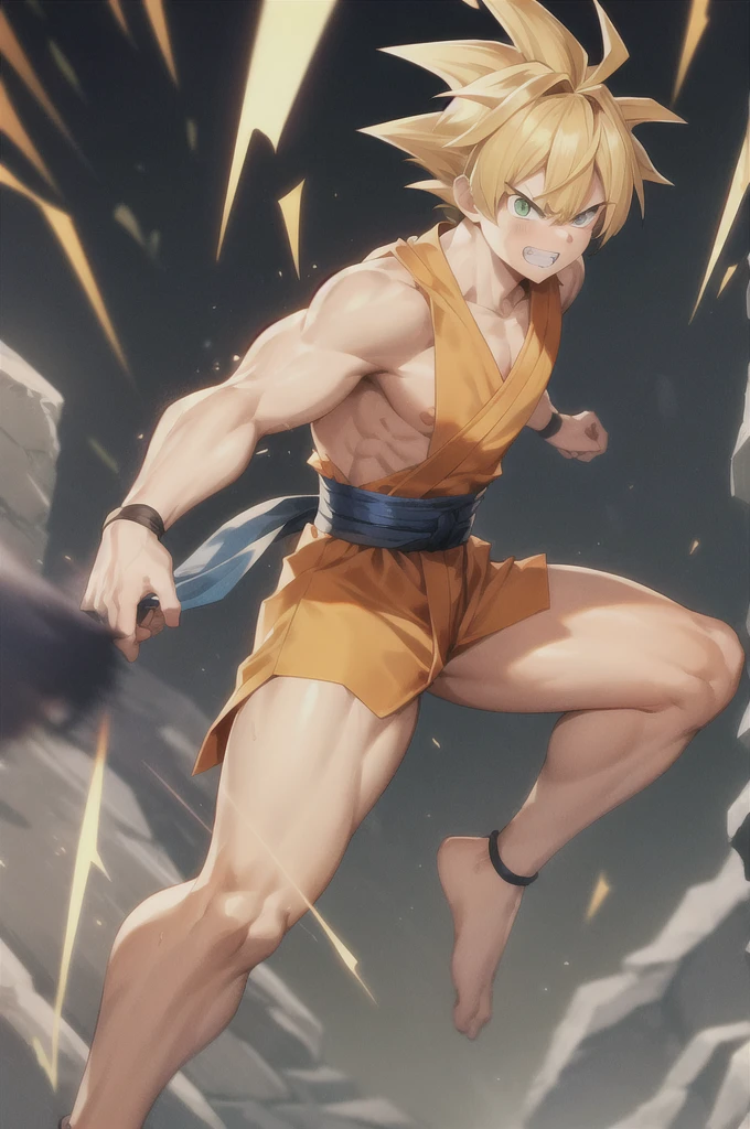 son goku, One boy, anger, Battle Damage, Blonde, blue sash, clenched teeth, rage, Green Eyes, Men's Center, Muscular, Muscular male, Pectoral muscle, sash, alone, Spiked Hair, Super Saiyan, Super Saiyan 1, teeth, Topless man, Torn clothes, Wristband, ((masterpiece))