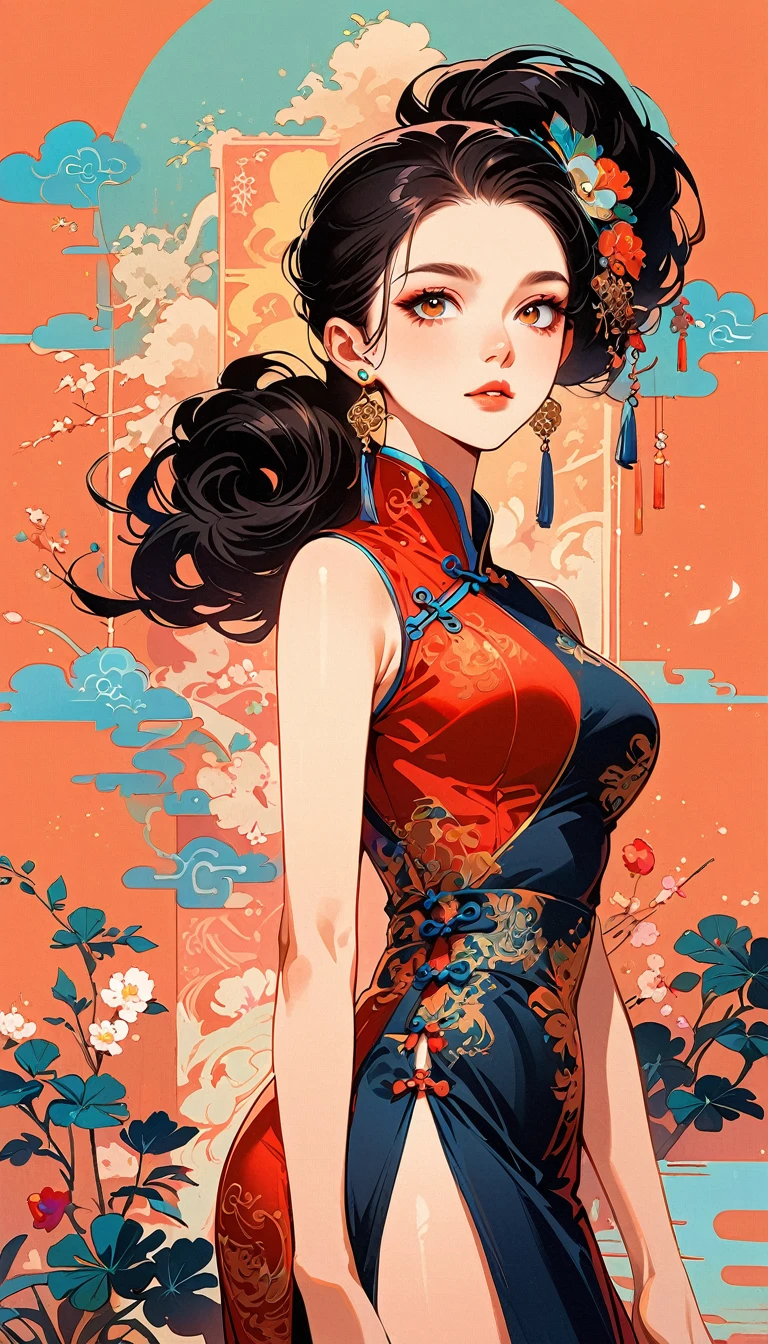 Chinese cheongsam sexy,illustration,High-end fashion,beautiful and delicate eyes,Beautiful and delicate lips,Long eyelashes,Sophisticated makeup,bright colors,posture,attractive style,stylized lighting,editing style,Chinese cultural elements,detailed pattern,Modern transformation,Feminine charm,complicated,Futuristic,Chic hairstyle,Beautiful accessories,Tempting,Wearing stylish high heels,Luxurious fabric,Beautiful movements,confident expression,Ethereal atmosphere,Colorful composition,Impeccable attention to detail,Modern elegance,expressive eyes,dramatic lighting,Seamless integration,Artistic talent,Rich texture,Perfect fashion sense,sensual atmosphere,A bold fashion statement,Stylish composition
