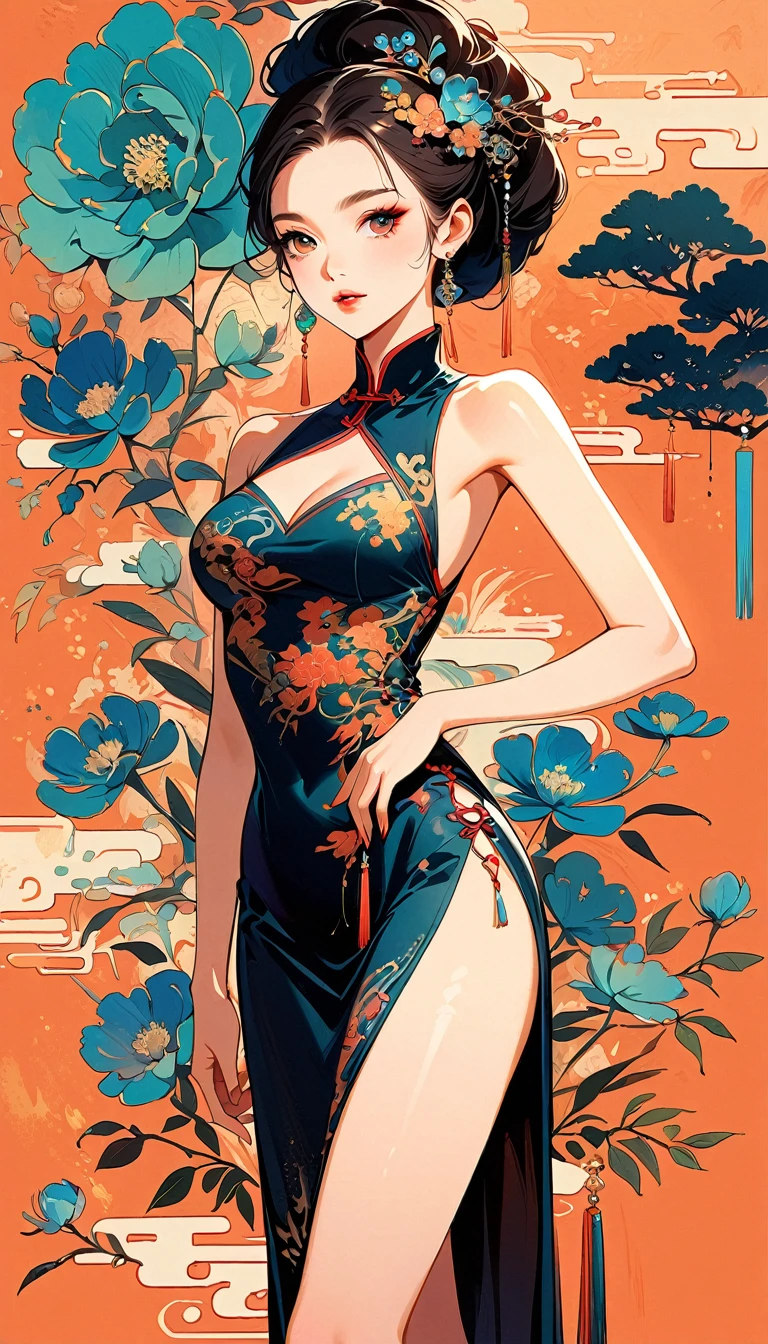 Chinese cheongsam sexy,illustration,High-end fashion,beautiful and delicate eyes,Beautiful and delicate lips,Long eyelashes,Sophisticated makeup,bright colors,posture,attractive style,stylized lighting,editing style,Chinese cultural elements,detailed pattern,Modern transformation,Feminine charm,complicated,Futuristic,Chic hairstyle,Beautiful accessories,Tempting,Wearing stylish high heels,Luxurious fabric,Beautiful movements,confident expression,Ethereal atmosphere,Colorful composition,Impeccable attention to detail,Modern elegance,expressive eyes,dramatic lighting,Seamless integration,Artistic talent,Rich texture,Perfect fashion sense,sensual atmosphere,A bold fashion statement,Stylish composition