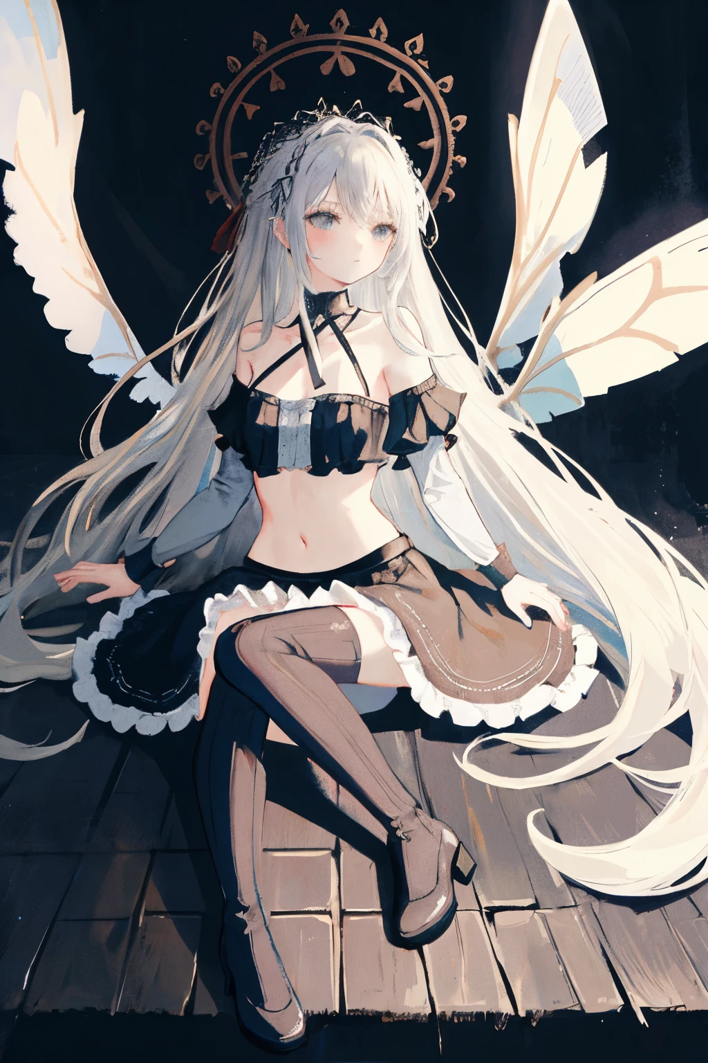 ((best quality)), ((masterpiece)), (detailed), 1girl, Character design, female, dynamic poses, long white grey hair, grey white eyes, very skinny, detailed, best quality, no accesoires around the neck, no shoes, prominent collarbones, skinny arms, flat stomach, visible hip bones, full body, blank white background, plain background, white background, red and white clothing, Bloodborne inspired, occult aesthetic, occult, detailed and intricate steampunk and detailed gothic, NSFW, Very dramatic and cinematic lighting, cosmic horror, grim-dark, side-lighting, perfect face, NSFW, Fluttering lace flared long knee length dress with frilly petticoats, knee length dress, pleated petticoats, petticoats gothic, complex lace boots, side-lighting, gothic aesthetic, wielding a mighty sword with mechanical components, mandalas, small breasts, a fairy, various different types of insect wings, NSFW, full body, whole body, body, plain background, white background, blank background, no background, white background NSFW, chains, full body, whole body, head-to-toe NSFW