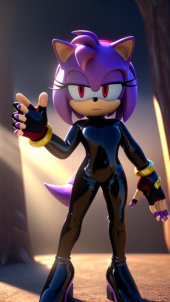 Solo, 1girl, full body image, rendered in SFM, ((sonic oc:1)), from sonic, high detail iconic character, in the new action-movie sonic, knothole forest, official render, 3d render official art, toon shader, ((female)), (((purple hedgehog:1))), ((shiny)) (((light purple fur:1.5))), (((Amy rose style quills with violet gradient tips))), (((metallic purple eyeliner))) ((deep red eyes:1.5)), ((calm neutral expression)), ray trace 4 k, ray trace 4k, (((glossy black latex bodysuit:1.5))), ((fingerless gloves:1.5))