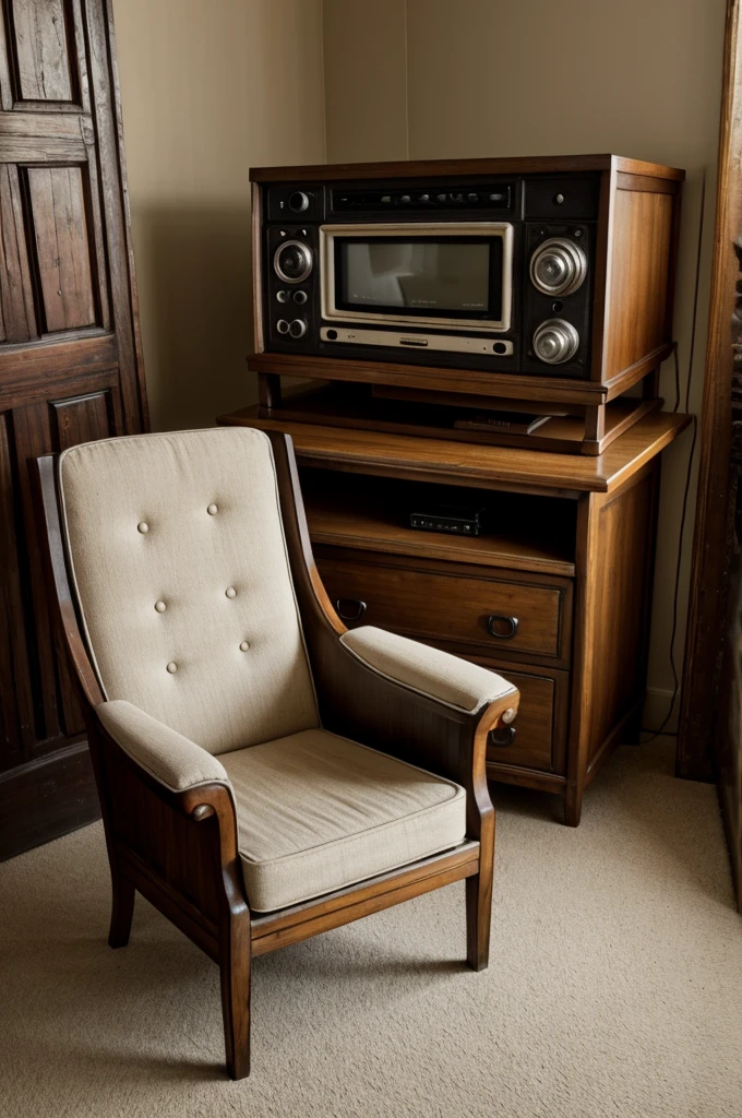 mostrar  y un sillon antiguo con un radio antiguo a un lado del brazo del sillon 
