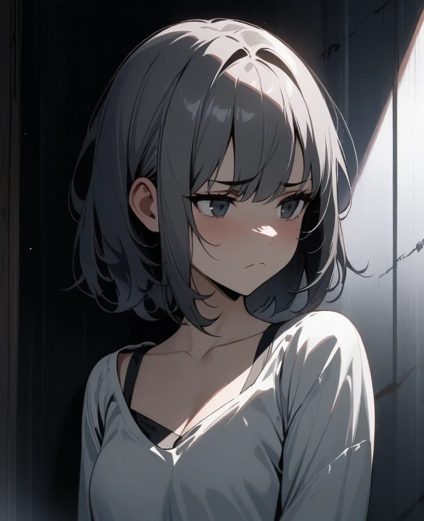 masterpiece, best quality, very aesthetic, absurd, up to date,1 Girl, (Melancholy,gloomy,Homegirl,Shadowed side,frown),
Dark grey hair, Multi-colored hair,short hair, #5: Parted Bangs,Cat ear,Cat girl,Orange pupils,Long hoodie